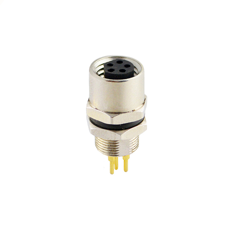 M8 5pins B code female straight rear panel mount connector,unshielded,insert,brass with nickel plated shell
